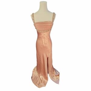 Heavily Beaded Blush Pink Pleated Front Goddess Satin Prom Dress Size 3 Juniors